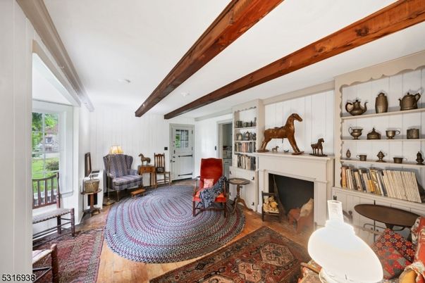 Fireplace, Interior, Living room, Pendant Lights, Recessed Lighting, Wooden Beams, Wood Texture Flooring
