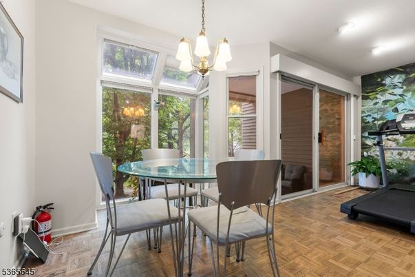 Dining room, Interior, Pendant Lights, Recessed Lighting, Wood Texture Flooring