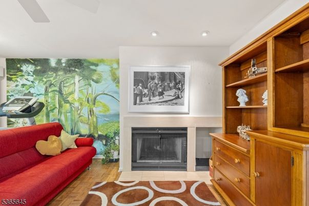 Fireplace, Interior, Recessed Lighting, Wood Texture Flooring
