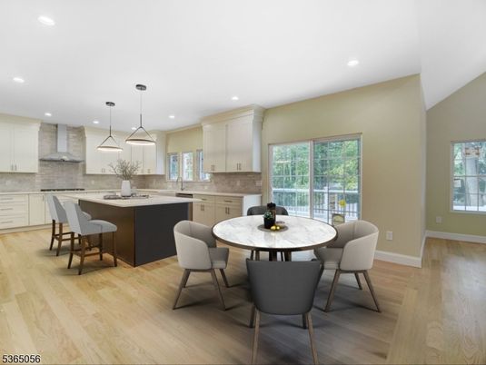Dining room, Interior, Kitchen, Pendant Lights, Recessed Lighting, Wood Texture Flooring