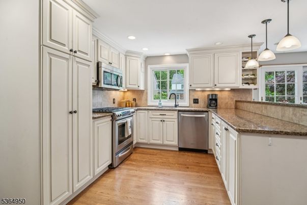 Interior, Kitchen, Pendant Lights, Recessed Lighting, Stainless Steel Appliances, Wood Texture Flooring