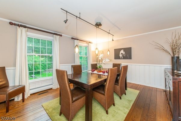 Dining room, Interior, Pendant Lights, Wood Texture Flooring