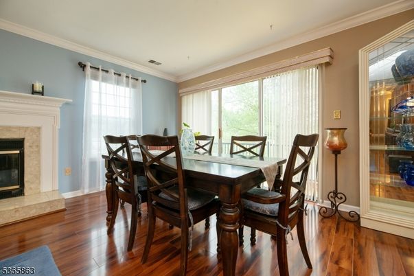 Dining room, Fireplace, Interior, Wood Texture Flooring
