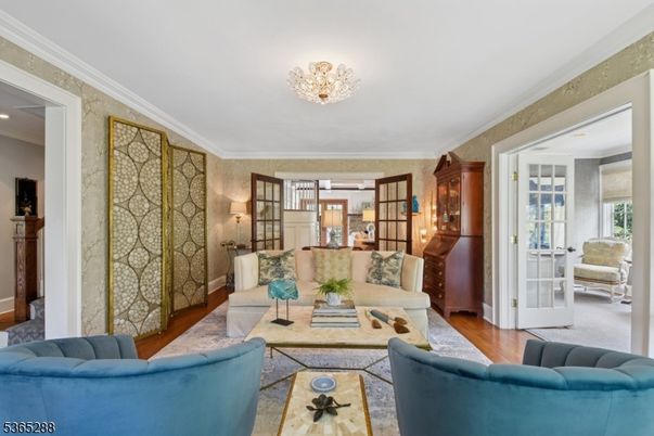 Chandelier, Interior, Living room, Stone Walls, Wood Texture Flooring
