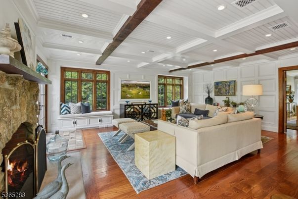 Fireplace, Interior, Living room, Recessed Lighting, Wood Texture Flooring