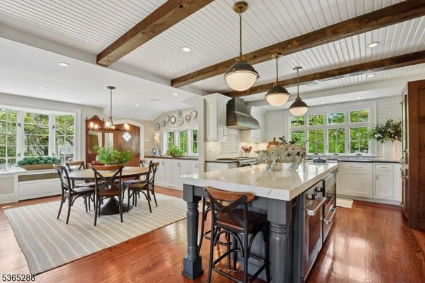 Dining room, Interior, Kitchen, Pendant Lights, Recessed Lighting, Stainless Steel Appliances, Wooden Beams, Wood Texture Flooring