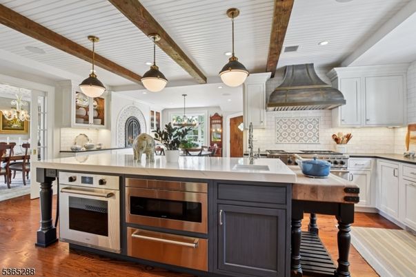 Interior, Kitchen, Pendant Lights, Recessed Lighting, Stainless Steel Appliances, Wooden Beams, Wood Texture Flooring