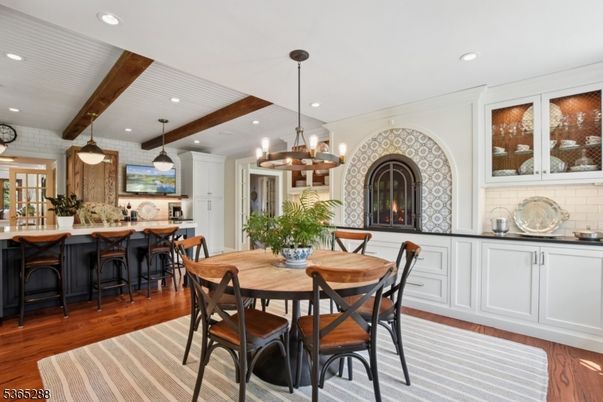Dining room, Interior, Pendant Lights, Recessed Lighting, Wooden Beams, Wood Texture Flooring