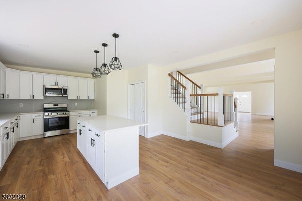 Interior, Kitchen, Pendant Lights, Stainless Steel Appliances, Wood Texture Flooring