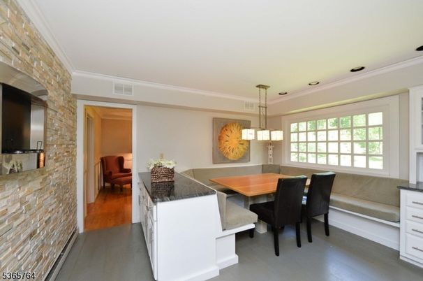 Dining room, Interior, Pendant Lights, Stone Walls, Wood Texture Flooring