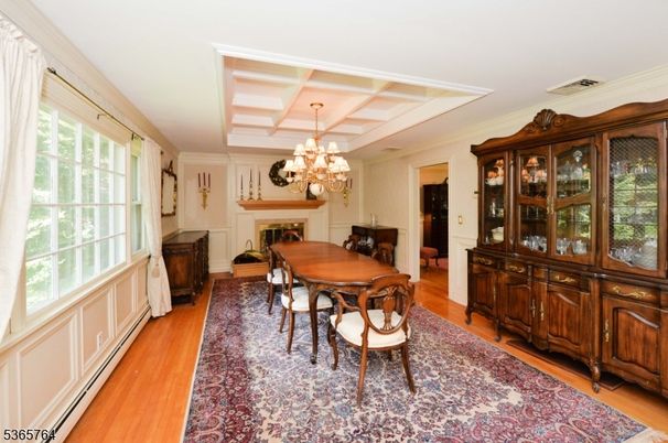 Chandelier, Dining room, Fireplace, Interior, Wood Texture Flooring