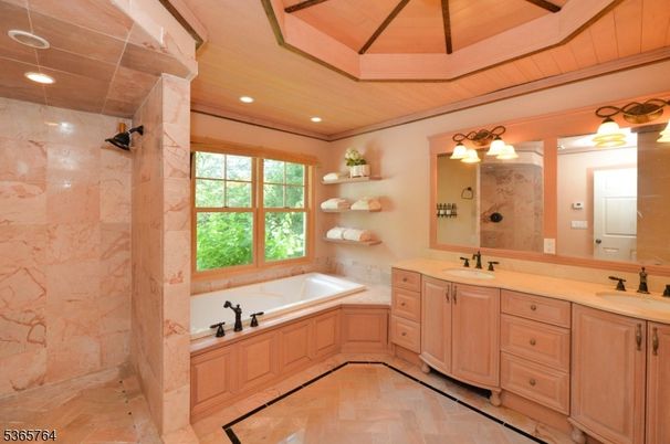 Bathroom, Dual Sink Vanities, Interior, Recessed Lighting, Wooden Ceilings