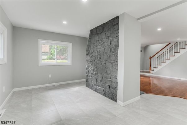 Empty room, Interior, Recessed Lighting, Stone Walls, Wood Texture Flooring