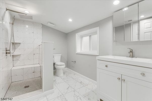 Bathroom, Glass Shower, Interior, Marble, Marble Walls, Recessed Lighting