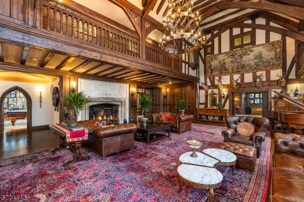 Chandelier, Fireplace, Interior, Living room, Piano, Wooden Beams, Wood Texture Flooring