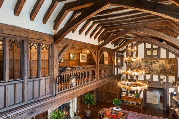 Chandelier, Interior, Pendant Lights, Wooden Beams, Wood Texture Flooring, Wooden Walls
