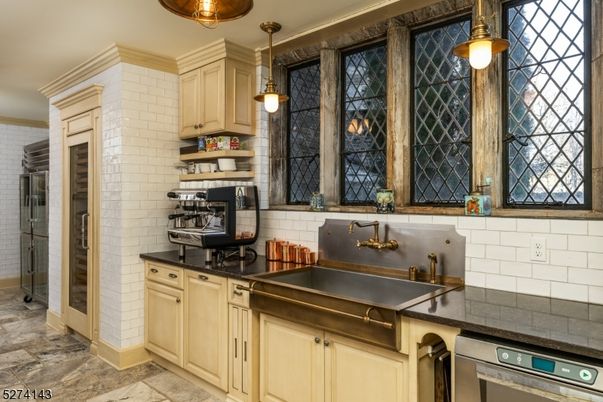 Interior, Kitchen, Pendant Lights, Stainless Steel Appliances, Stone Walls