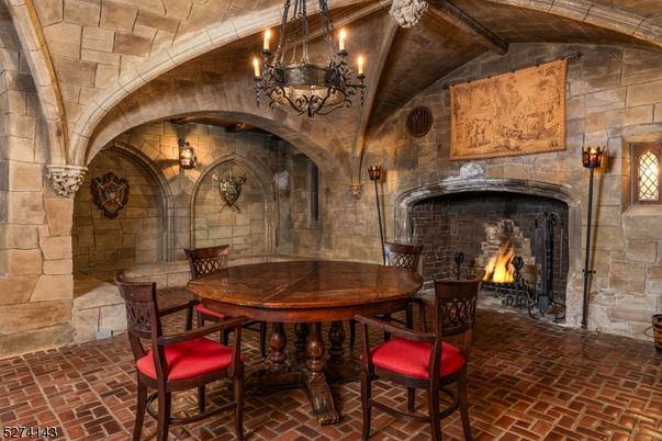 Chandelier, Dining room, Fireplace, Interior, Stone Walls, Wooden Beams