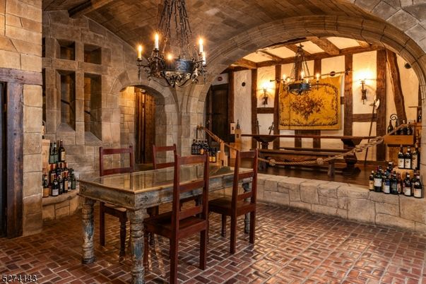 Chandelier, Dining room, Interior, Stone Walls
