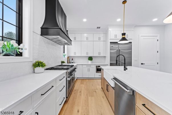 Interior, Kitchen, Pendant Lights, Recessed Lighting, Stainless Steel Appliances, Wood Texture Flooring