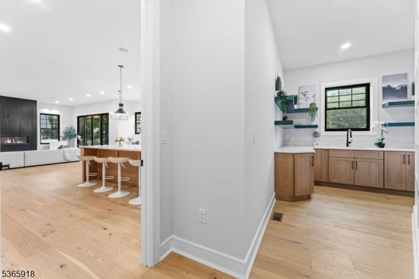 Dining room, Fireplace, Interior, Kitchen, Living room, Pendant Lights, Recessed Lighting, Wood Texture Flooring