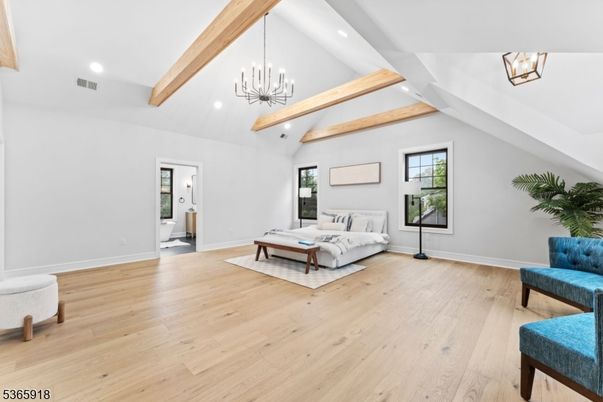 Bedroom, Interior, Pendant Lights, Recessed Lighting, Wooden Beams, Wood Texture Flooring