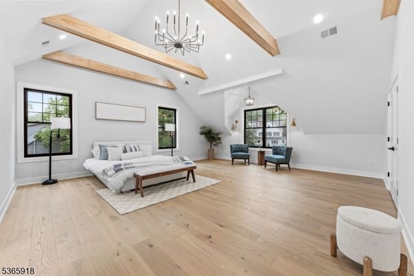 Bedroom, Interior, Pendant Lights, Recessed Lighting, Wooden Beams, Wood Texture Flooring