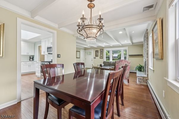 Chandelier, Dining room, Interior, Kitchen, Living room, Recessed Lighting, Wood Texture Flooring
