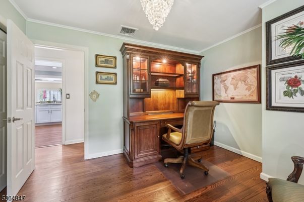 Chandelier, Home Office, Interior, Recessed Lighting, Wood Texture Flooring