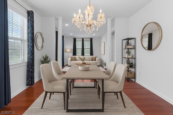 Chandelier, Dining room, Interior, Recessed Lighting, Wood Texture Flooring