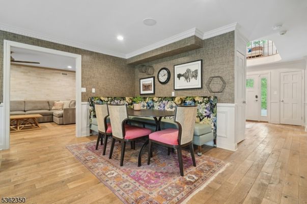 Dining room, Interior, Living room, Recessed Lighting, Stone Walls, Wood Texture Flooring