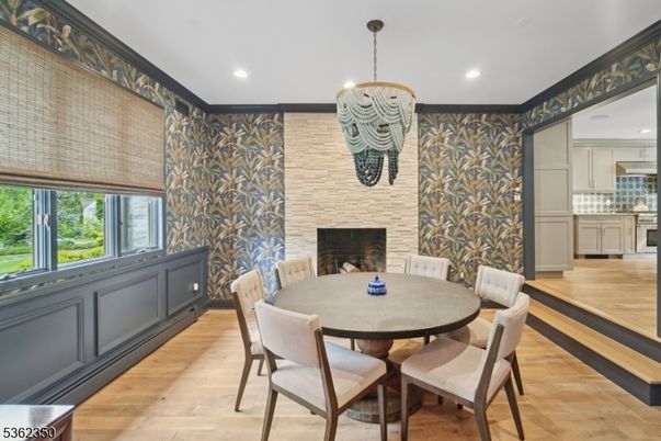 Dining room, Fireplace, Interior, Kitchen, Pendant Lights, Recessed Lighting, Wood Texture Flooring