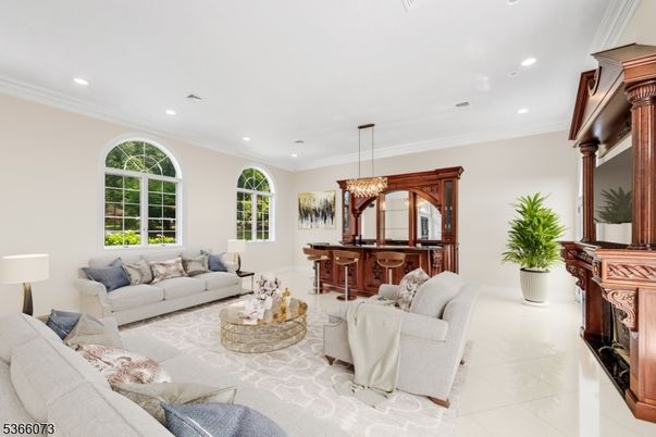 Chandelier, Fireplace, Interior, Living room, Recessed Lighting