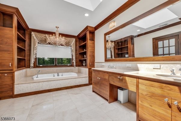 Bathroom, Chandelier, Dual Sink Vanities, Interior, Recessed Lighting