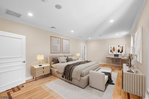Bedroom, Interior, Recessed Lighting, Wood Texture Flooring