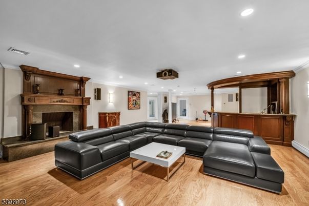 Fireplace, Interior, Living room, Recessed Lighting, Wood Texture Flooring