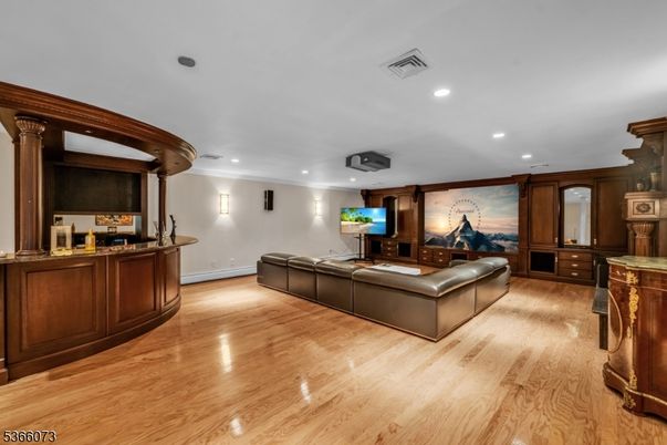 Interior, Living room, Projection Screen, Recessed Lighting, Wood Texture Flooring