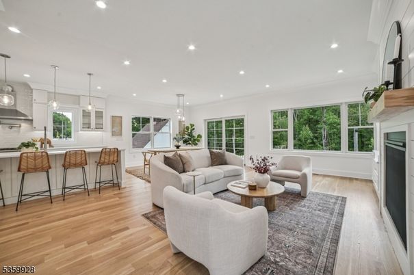 Fireplace, Interior, Kitchen, Living room, Pendant Lights, Recessed Lighting, Wood Texture Flooring