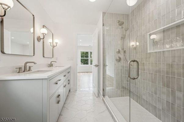 Bathroom, Dual Sink Vanities, Glass Shower, Interior, Marble