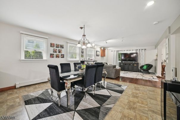 Chandelier, Dining room, Interior, Living room, Pendant Lights, Recessed Lighting, Wood Texture Flooring