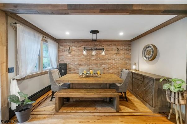Dining room, Interior, Pendant Lights, Recessed Lighting, Stone Walls, Wood Texture Flooring
