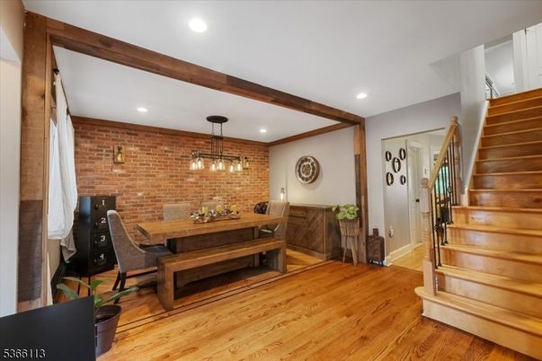 Dining room, Interior, Pendant Lights, Recessed Lighting, Stone Walls, Wooden Beams, Wood Texture Flooring