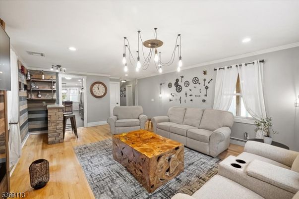 Dining room, Interior, Living room, Pendant Lights, Recessed Lighting, Wood Texture Flooring