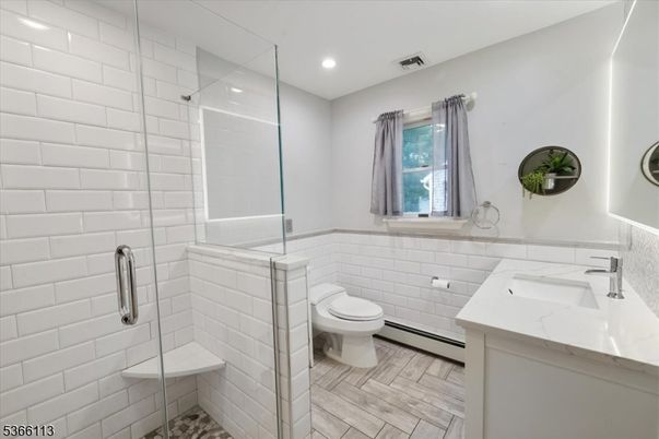 Bathroom, Glass Shower, Interior, Recessed Lighting, Wood Texture Flooring