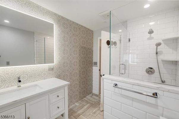 Bathroom, Glass Shower, Interior, Recessed Lighting, Wood Texture Flooring