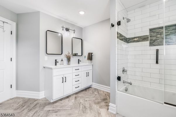 Bathroom, Dual Sink Vanities, Glass Shower, Interior, Recessed Lighting, Wood Texture Flooring