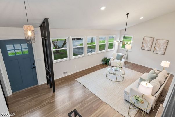 Interior, Living room, Pendant Lights, Recessed Lighting, Wood Texture Flooring