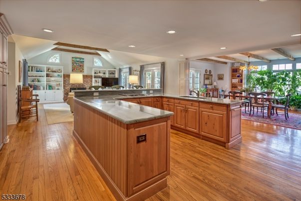 Dining room, Interior, Kitchen, Recessed Lighting, Wooden Beams, Wood Texture Flooring