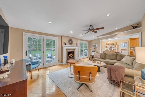 Fireplace, Interior, Living room, Recessed Lighting, Wood Texture Flooring