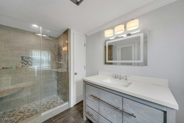 Bathroom, Glass Shower, Interior, Wood Texture Flooring